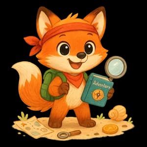 Raposinha criança de 7 anos com mochila e livro de aventuras